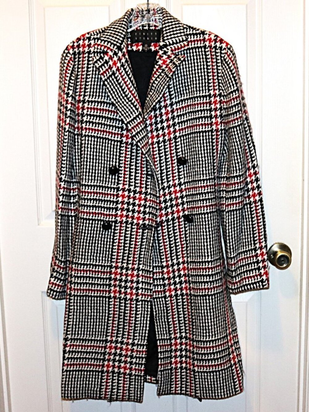 Finity Studio Wool Blend Double Breasted PEA COAT w/belt Houndstooth RED BLACK